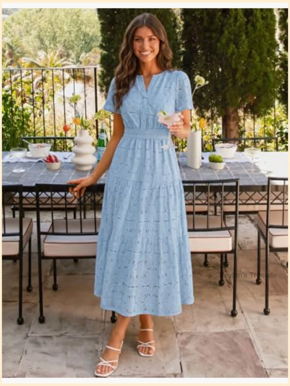 Summer Boho Floral Maxi Dress with Eyelet Lace Short Sleeve A-Line Tiered Flowy - Picture 2 of 7